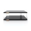 Bold square black coffee table with acrylic legs and brass accents 