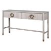 White washed wood console table with brass finish handles