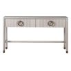 White washed wood console table with brass finish handles