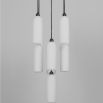 A luxury chandelier by Schwung with 9 frosted, opal glass shades and an industrial black gunmetal finish 