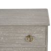 Close-up of a chic, French-style chest of drawers with rounded handles. 