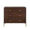 Elegant dark brown wood chest of drawers with ribbed brass handles and feet