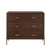 Elegant dark brown wood chest of drawers with ribbed brass handles and feet