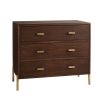 Elegant dark brown wood chest of drawers with ribbed brass handles and feet