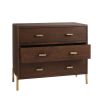 Elegant dark brown wood chest of drawers with ribbed brass handles and feet