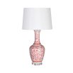 Coral and white floral table lamp with glass base and white shade