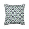 An art deco inspired cushion with dark blue and green floral motifs