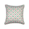 An art deco inspired cushion with green and pink floral details