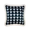 A lavish, art deco inspired, dark blue cushion with a white silky fringe