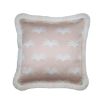 A delicate pastel pink cushion with a white pattern and elegant fringe