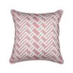 A bright pink cushion with a white lattice pattern and white piping