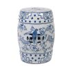 ceramic stool boasts a beautiful blue and white bird design