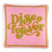 A hand-embroidered cushion with playful, retro-inspired bumper sticker sentiments, crafted with couture materials and velvet backing.