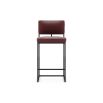 A luxurious modern counter stool with a minimal black metal frame and natural leather upholstery