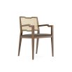 Traditional wooden dining chair with arms, woven detailing and velvet seat