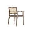 Traditional wooden dining chair with arms, woven detailing and velvet seat
