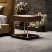 A chic modern walnut wood and polished stainless steel nightstand bedside table
