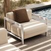 Modern outdoor armchair with steel frame and off white upholstery