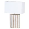 Pale wood and white marble base table lamp with white shade