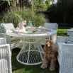 White rattan dining table with glass top