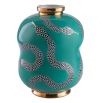 A teal curvaceous vase by Jonathan Adler with white and gold snake illustrations