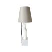 A beautiful hand-shaped table lamp with a grey silk shade and a nickel base