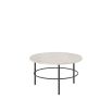 round coffee table with stone top and dark metal legs