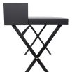 Black sculptural desk with metal legs and wooden table top