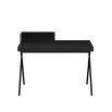 Black sculptural desk with metal legs and wooden table top