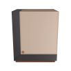 Cube side table in beige leather with dark wood and brass details