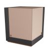 Cube side table in beige leather with dark wood and brass details