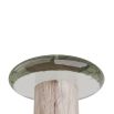 Thick rounded edge glass top side table with wood plinth base