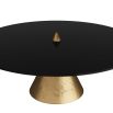 Black glass round table with protruding brass triangular base