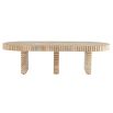 Grooved wooden coffee table with three legs and oval table top