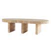 Grooved wooden coffee table with three legs and oval table top