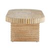 Grooved wooden coffee table with three legs and oval table top