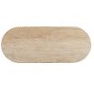 Grooved wooden coffee table with three legs and oval table top