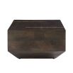 Angular rectangular cocktail table in dark wood finish.