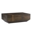Angular rectangular cocktail table in dark wood finish.