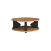 Geometric coffee table with oak shelves and ebony finished wooden supports that bisect them