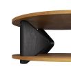 Geometric coffee table with oak shelves and ebony finished wooden supports that bisect them