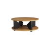 Geometric coffee table with oak shelves and ebony finished wooden supports that bisect them