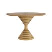 Round wooden table top with sculptural hourglass silhouette and brass inlays