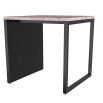 Marble top side table with iron base forming solid panel on one side and open framework on the other 