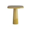 Yellow side table with thick-rimmed top and solid tapered base