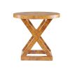 Side table with X frame and circular tabletop in blonde burl olive ash veneer