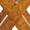 Side table with X frame and circular tabletop in blonde burl olive ash veneer