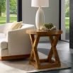 Side table with X frame and circular tabletop in blonde burl olive ash veneer