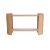 Curved console in a capsule shape with two smoke oak shelves that suspend inside arched leather-wrapped bases