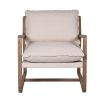 Cosy, neutral armchair with sleek wooden frame and linen seat cushions